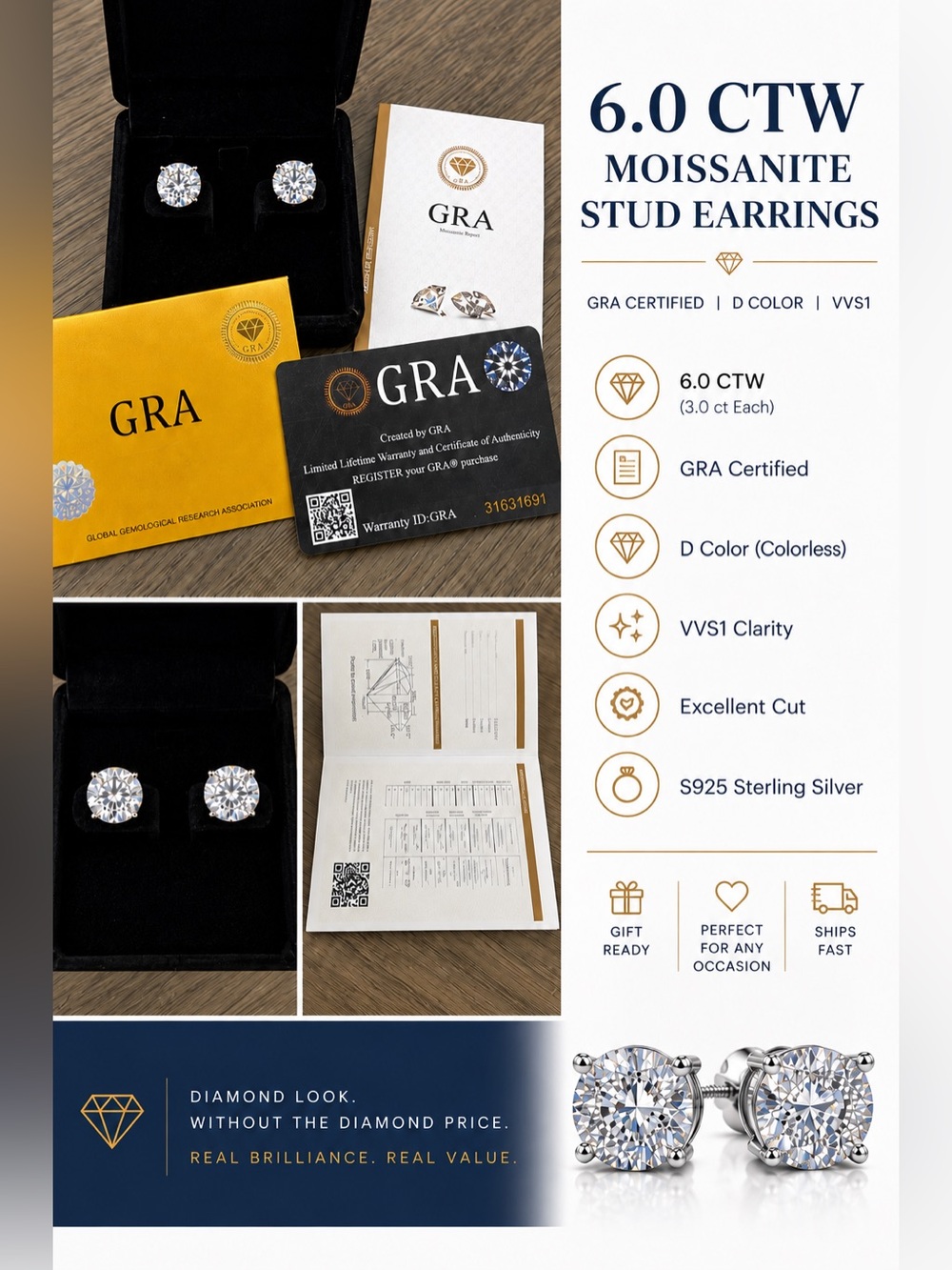GRA Certified 6.0 CTW Moissanite Stud Earrings – S925 Sterling Silver